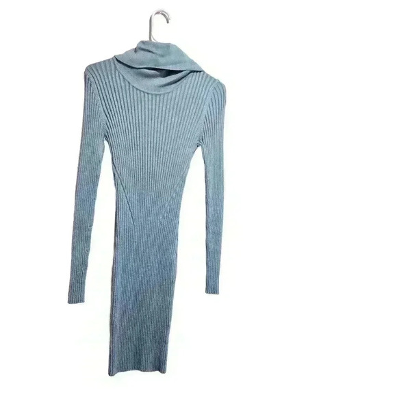 Cozy Ribbed Knit Cowl Neck Dress - Slate Blue - Picture 5 of 10